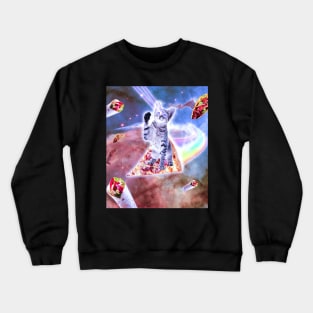 Laser Eyes Space Cat Riding Rainbow Pizza Crewneck Sweatshirt